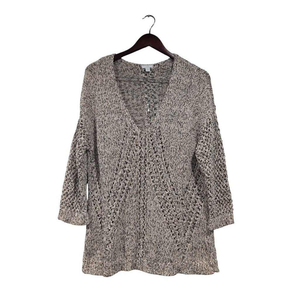 J. Jill Womens Sweater Open Knit Boho Tunic 3/4 Sleeve Chunky V-Neck Tan Sz Med